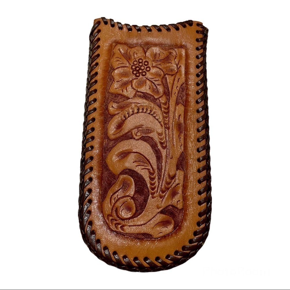 VINTAGE Genuine Tooled Leather Pouch Or Case Floral Design